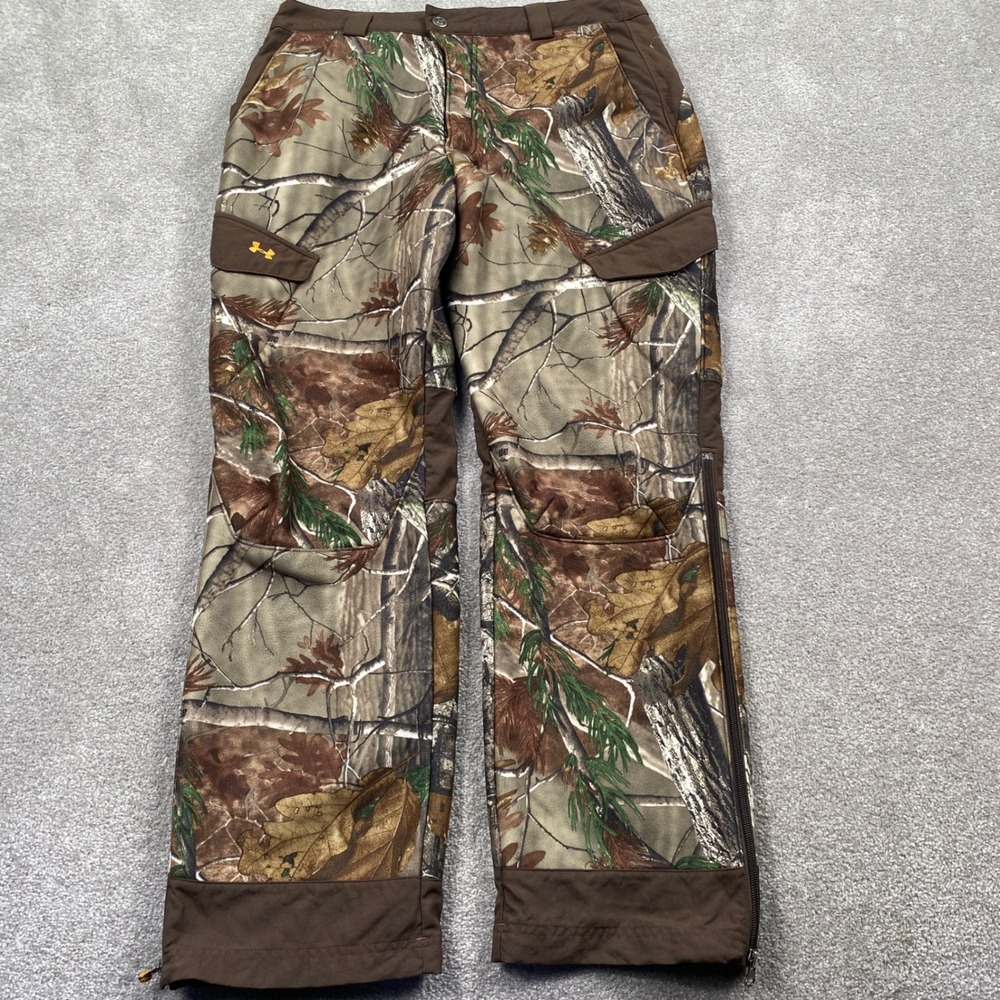 Under Armour Hunting Pants Mens 34x32 Brown Realtree Camo Reinforced Cargo Zips